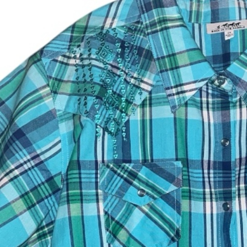 Back In The Saddle Western Plaid Embroidered Shoulder Snap Button Shirt Size 2X - Picture 4 of 5